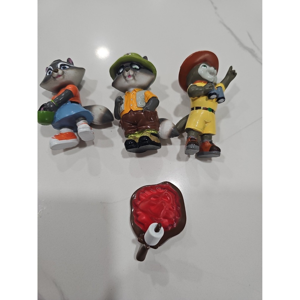 3 Great Wolf Lodge Racoon 3" Figurines Lot W/ Campfire